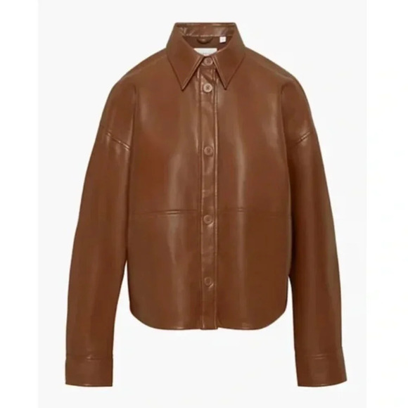 Aritzia Babaton Pelli Relaxed Vegan Leather Hip Shirt Jacket Brown Size Medium - Picture 1 of 10